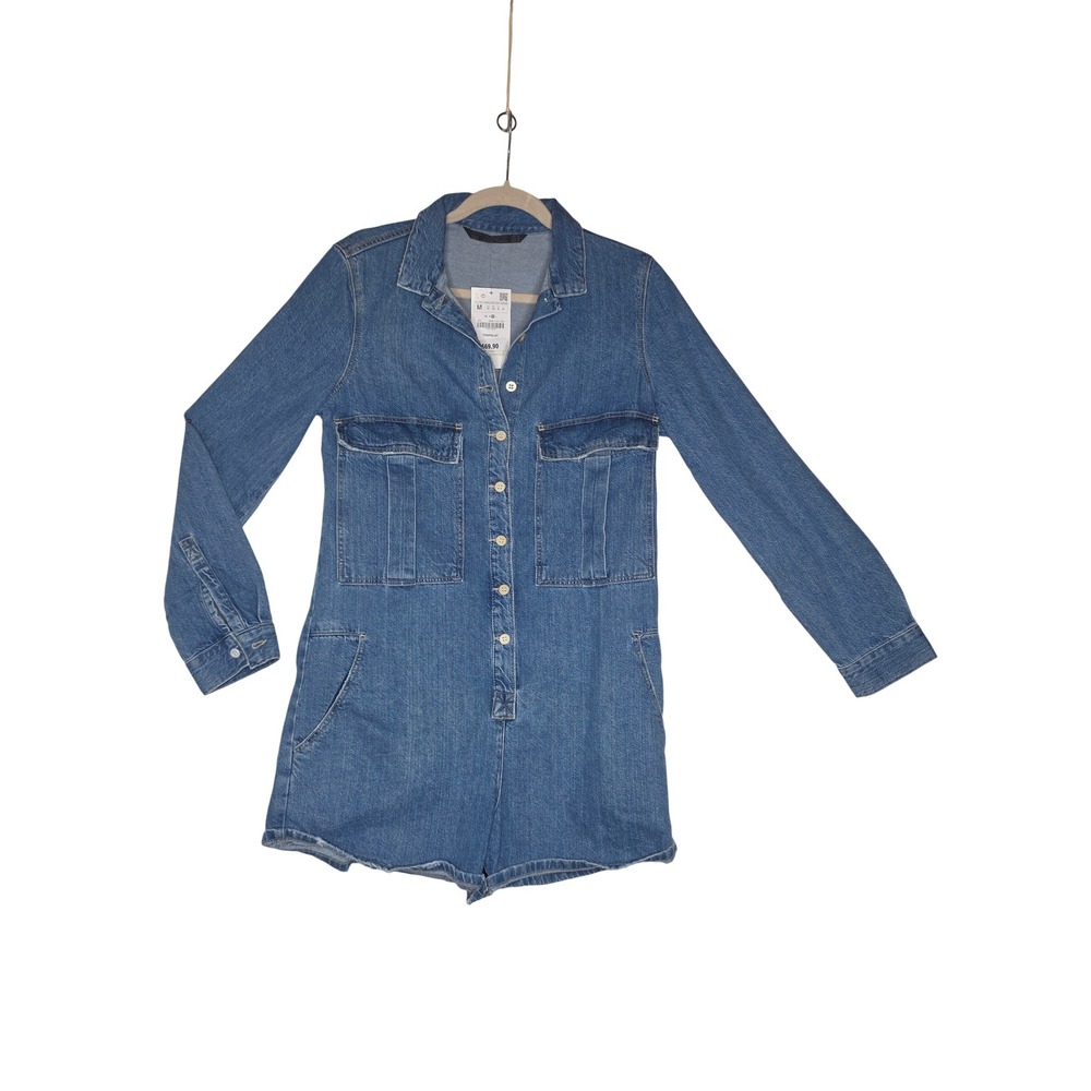 Zara NWT Trafaluc Denim Romper SzM Wash LongSleeve Button Front Blue Playsui
t